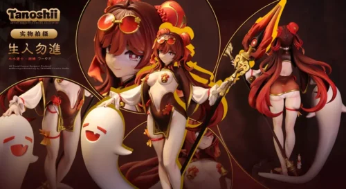 This multi-angle 1/6 Hu Tao figure with ghost companion in a glossy swimsuit shows crimson hair and sculpted Genshin Impact statue details.