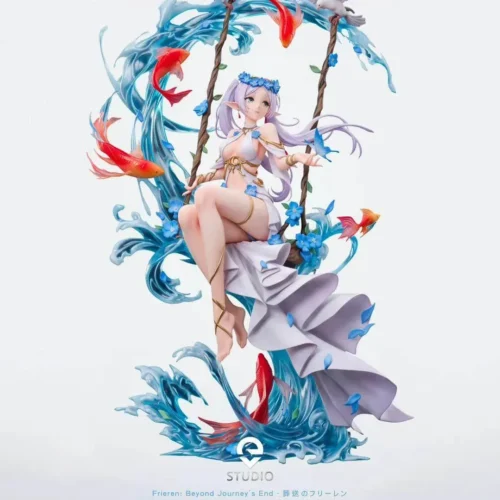 This front view shows the limited 108 Frieren 1/6 figure seated on a swing amid sculpted ocean waves, koi, and blue blossoms in Water Spirit Ver.