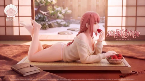 "Ultra-limited 1/6 Strawberry Makima Resin Statue by Huake Studio. Seductive strawberry design, premium artistry visible."
