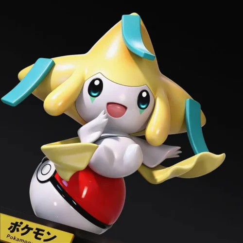 "Jirachi Pokémon Statue, Miumiu Studio. Limited edition, whimsical, compact figure with wish-granting charm and sculpted details on clear base."