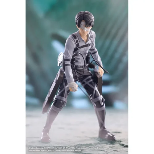 "Iconic Levi Ackerman Attack on Titan Kotobukiya statue, dynamically posed in mid-air combat, highlighting exquisite ODM gear."
