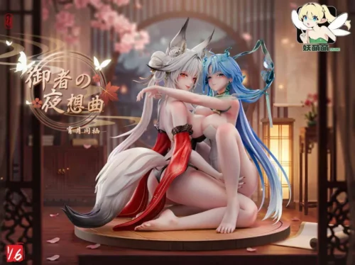 "Exquisite Wuthering Waves 1/6 scale resin statue: Moonlit Coexistence Xinyuehu & Qingxiao. Captures ethereal mythical fox spirits in a serene."