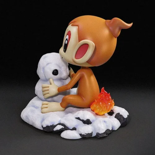 Detailed 1/10 scale Chimchar figure, a playful statue, hugs a snowman on a winter base with a glowing flame tail."