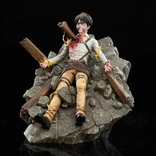 Eren Attack on Titan statue with BJD follow-eyes, impaled and erupting from shattered ruins in a limited 99-piece resin diorama.