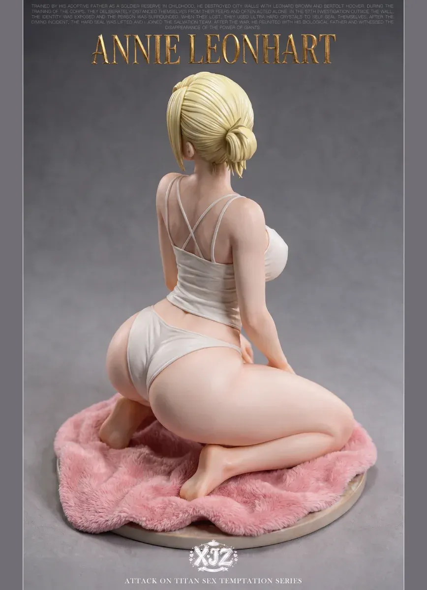 "Exclusive 1/6 Annie Leonhart Home Version statue. Her serene kneeling pose on a plush rug, detailed from multiple angles, highlighting intricate."