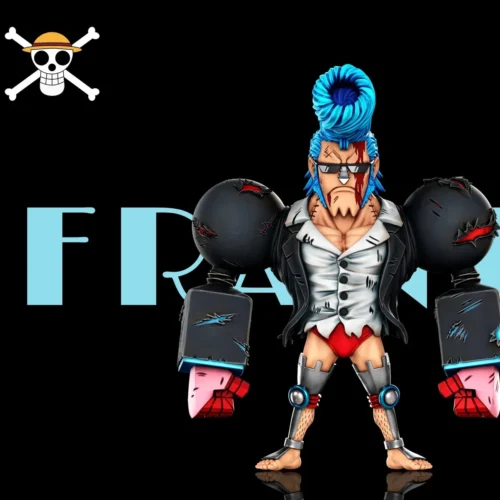 This battle-damaged Dressrosa One Piece Franky figure by A+ Studio features a blue pompadour, torn shirt, scarred cybernetic forearms, and a blue base