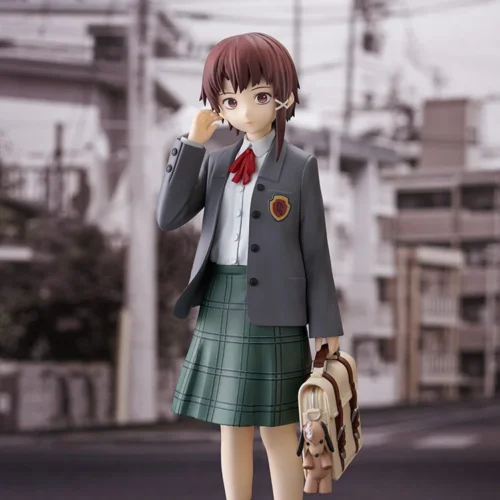 "Good Smile Company's POP UP PARADE L size Lain Iwakura figure from Serial Experiments Lain, showcasing her iconic school uniform and enigmatic."
