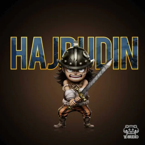 Childhood Hajrudin One Piece figure statue by YZ Studio, chibi young Hajrudin in oversized helmet wielding a giant sword in forest scenery."