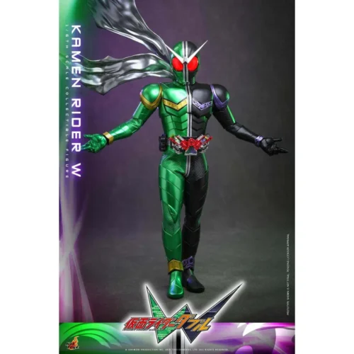 "Hot Toys Kamen Rider W 1/6 scale statue with glowing LED eyes, showcasing intricate suit details and 30 points articulation."