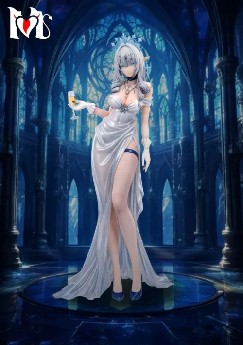 Detailed limited 99-piece Genshin Impact Tsaritsa 1/6 resin statue in a silver-blue gown with crystal crown and champagne glass in a gothic hall.