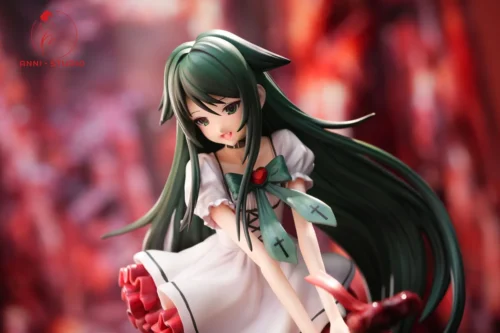 Close-up of the Saya no Uta Saya figure in a white dress, green hair and bow, against crimson flesh tendrils on this 198-piece 1/6 resin statue.
