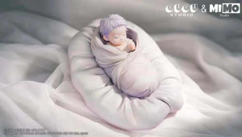 Infant Gojo Satoru figure from GUGU Studio, swaddled in soft white fabric with detailed sculpting, captures the first life stage of a premium 1/6 set."