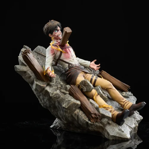 Eren Attack on Titan statue impaled on splintered beams erupting from shattered rock ruins, limited resin diorama with BJD follow-eyes.