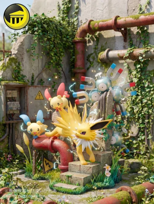 "Premium Moon Shadow Studio Jolteon Pokemon resin statue, dynamically posed amidst a vibrant electric diorama, part of the connectable Eevee series."