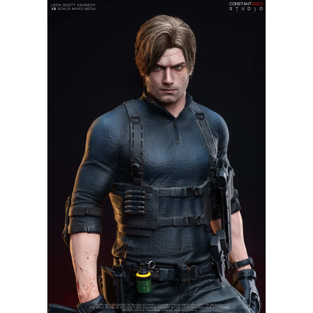 "Premium 1/3 scale Leon S. Kennedy Resident Evil statue. Ultra-realistic battle-worn details and Licker-infested Raccoon City ruins shown."