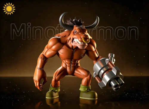 "Highly detailed Minotaurmon Digimon resin statue by Sun Toys Studio. Features a dynamic, powerful pose and fierce expression, a premium collectible."