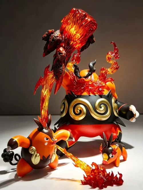 "Experience the complete 1/20 Emboar Evolution Set statue, featuring detailed Tepig, Pignite, and Emboar with vibrant, dynamic skill effects."