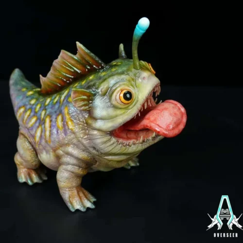"Detailed Ark: Survival Evolved Bulbdog statue by Overseer Studio, shown from various angles highlighting its intricate sculpt and vibrant."