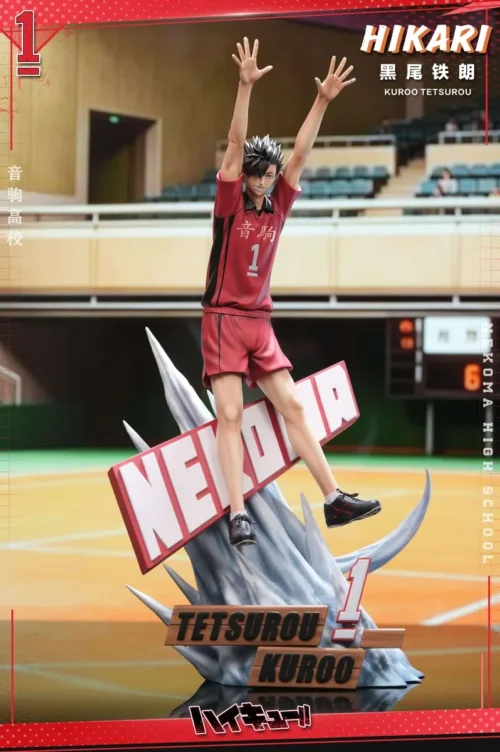 "Kuroo Tetsurou Haikyuu!! HIKARI Studio premium resin statue in a dynamic volleyball action pose, showcasing intense athletic energy and Nekoma High."