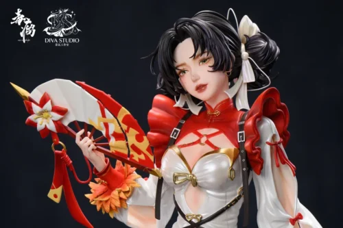 "Limited edition 1/4 scale Bai Chou Original Resin Statue, showing ethereal dancing maiden's flowing white silk with elegant crane motifs."