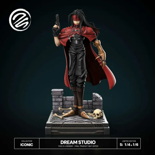 Dream Studio Vincent Valentine Final Fantasy VII resin statue features crimson cape, golden claw, gothic skull base, limited 50, 1/4 and 1/6 scales.