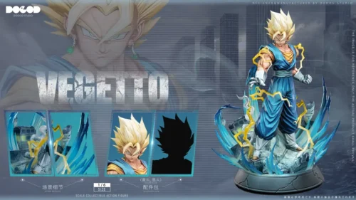 "Dynamic Super Saiyan Vegito premium resin statue. Limited edition Dragon Ball figure captures iconic battle pose with vibrant energy effects."