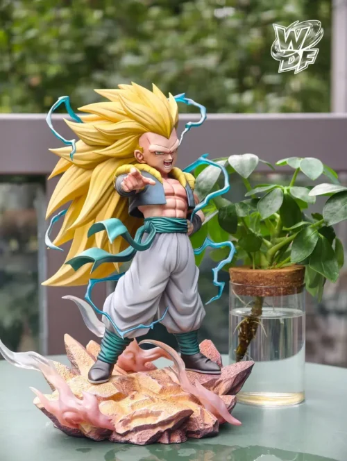 "Dynamic Gotenks SSJ3 Dragon Ball resin statue in a playful, mid-action pose, bursting with vibrant energy and smoke effects. This awesome Gotenks fig