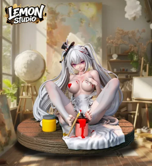 White-twintailed Sparxie 1/6 resin statue by Lemon Studio sits on a sunlit atelier diorama base with paint pots, brush, and red accents.