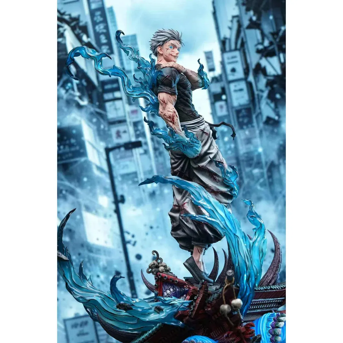 "Gojo Satoru 1/6 Jujutsu Kaisen statue, showcasing dynamic pose, LED effects, and premium hand-painted details on shattered shrine base."