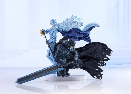 Berserk POP UP PARADE SP figure set features Guts in black Berserker armor with sword beside Griffith in luminous blue Light Hawk armor and cape.