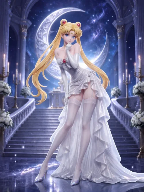 Sailor Moon 1/6 figure Usagi Tsukino wears a ruffled white couture gown beneath a crescent moon and candlelit staircase, limited 128-piece all-PU duo.