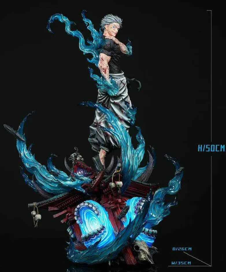 "One Studio Gojo Satoru 1/6 Jujutsu Kaisen statue. Multiple angles show dynamic pose, hand-painted details, and LED effects on the shattered shrine base."