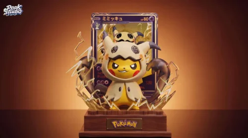 "Detailed view of the limited edition 1/6 Pikachu Cosplay Gengar & Mimikyu resin statue, showcasing its spooky Halloween effects and card motif."