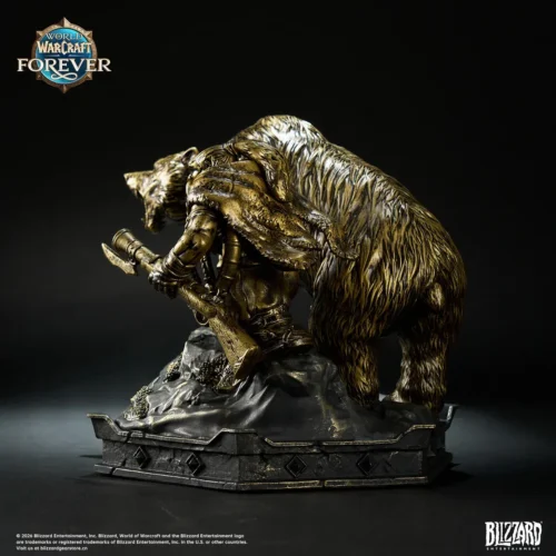 "Premium World of Warcraft Dwarf Hunter & Mighty Bear bronze-tone statue. Explore its dynamic sculpt and intricate details from various angles."