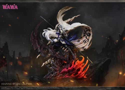 This Jeanne d'Arc Alter resin statue from Fate/Grand Order by WAWA Studio is limited to 99 pieces, commanding a dragon amid crimson flames.