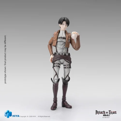 HIYA Studio 1/12 super-articulated Levi Ackerman figure in Survey Corps uniform and ODM gear, poised in a combat stance.