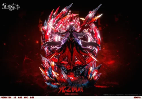 Ronova Genshin figure resin statue with LED-lit crimson crystal wings, floating white hair and glowing occult runes on a dark base.