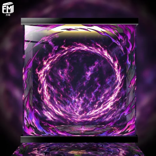 LED-lit dust-proof Zoro display case with swirling purple demonic aura, a clear acrylic showcase for One Piece statue collectors.