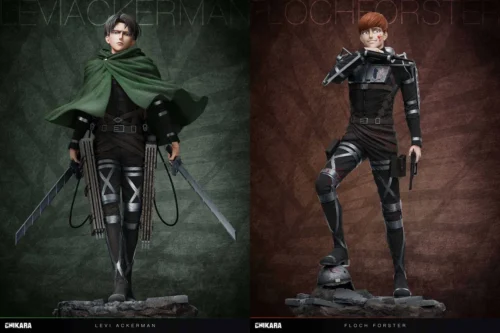 "Premium Limited Edition 1/6 Levi Ackerman & Floch Forster Attack on Titan statue. Dynamic battle poses, intense expressions, and grim determination."