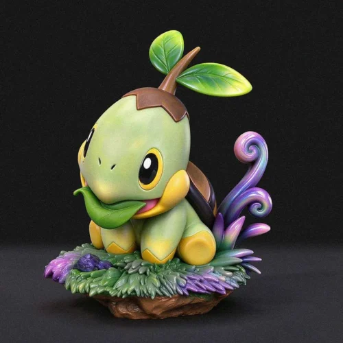 "An adorable and charming Turtwig Pokémon figure by miumiu Studio, showcasing the beloved grass-type in a tranquil pose amidst a serene natural."