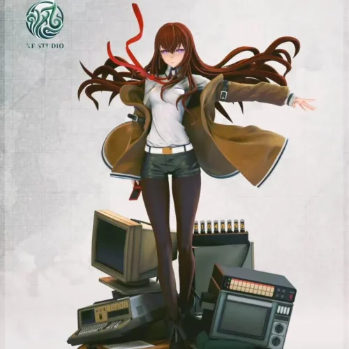 "Limited Edition Makise Kurisu Steins;Gate XF Studio premium resin statue, revealing dynamic pose and intricate sci-fi base details from various angle."