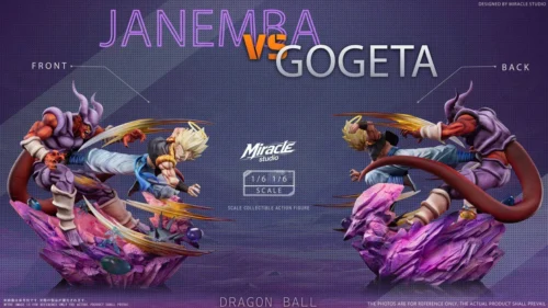 "Dynamic 1/6 scale Miracle Studio Gogeta vs. Janemba Dragon Ball Z resin statue, capturing an epic Super Saiyan fusion battle with vibrant energy."