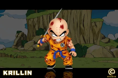 Battle-damaged Dragon Ball Krillin figure grips a sword on a rocky battlefield, bloodied and poised for combat.