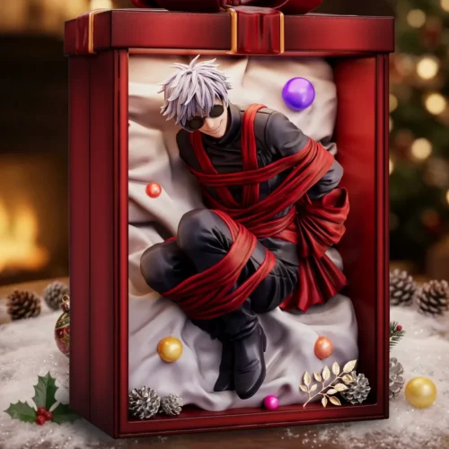 Gojo Satoru figure curled in a red light-up LED gift box with ribbon, baubles, winter accents, limited to 99 resin statues."