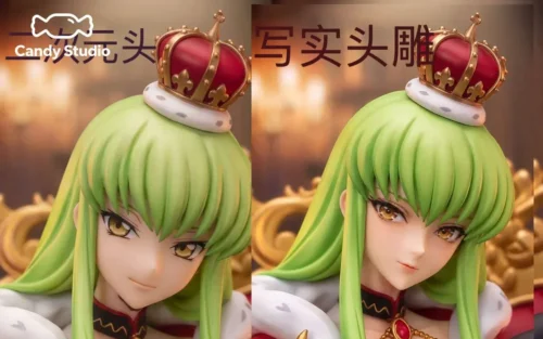 "Multiple angles of the premium 1/6 C.C. Throne Code Geass resin statue. See regal C.C., dual head sculpts, and ornate gothic throne details."