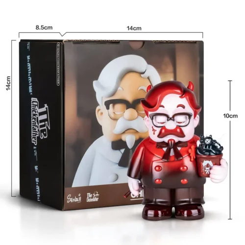 Ghost King Chicken Father original statue by DP9 Studio, glossy crimson demonic mascot with hellish chicken bucket beside its limited edition box.