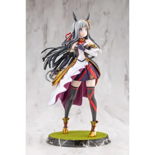 Kotobukiya Chrono Genesis figure from Uma Musume, silver-haired horse girl in black white crimson racing silks on a grass-textured base.