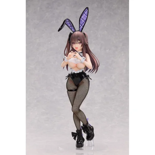 Mercury Memorial Bunny Figure Azur Lane statue stands 48.5cm tall, showing purple ears, black fishnet suit, long brown hair, and playful front view.