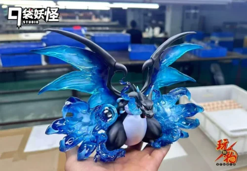 "Charizard X Pokemon statue by WanZhiWu Studio, angled to show its aggressive fiery pose and intricate details."