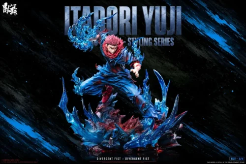 Itadori Yuji statue in a dynamic pose with translucent Black Flash cursed-energy effects on a shattered ink-splash battlefield.